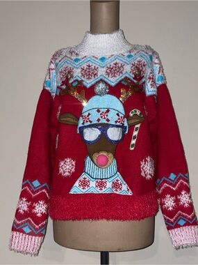 Hooked Up by IOT Red Holiday Reindeer Sweater with Light Blue Accents
